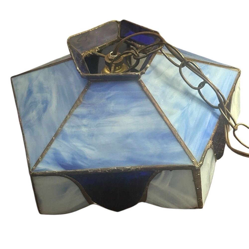 Vintage Blue Slag Glass Swag Pendant Lamp 12” 5 Sided 1970s